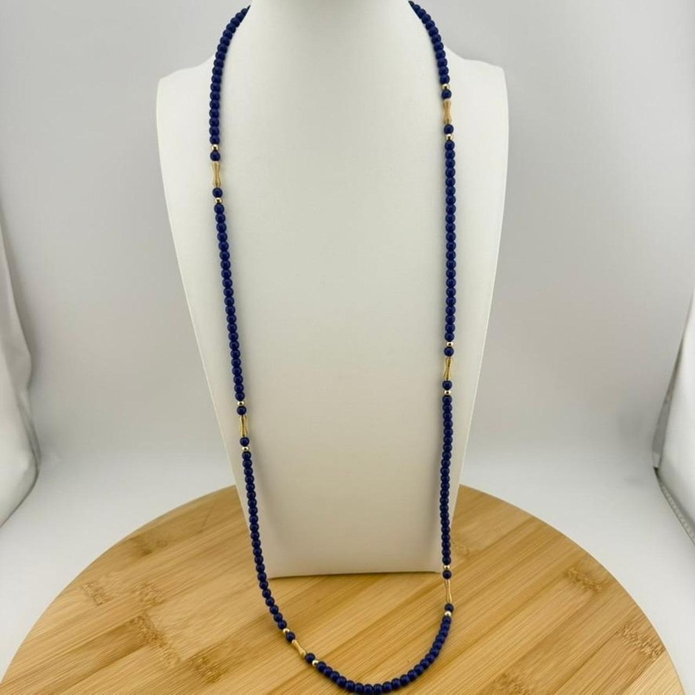 Gold Tone Necklace Cobalt Blue Bead Long Strand Opera Length Retro Style